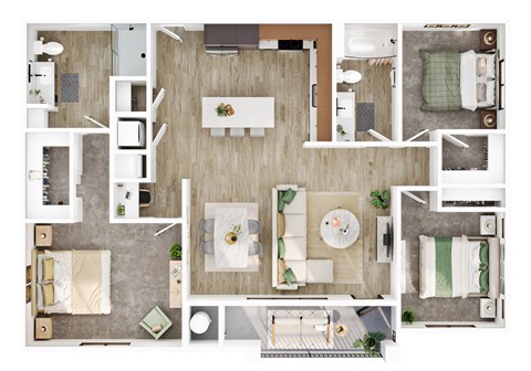 A top-down view of a well-organized apartment with a kitchen, living room, and bedrooms.